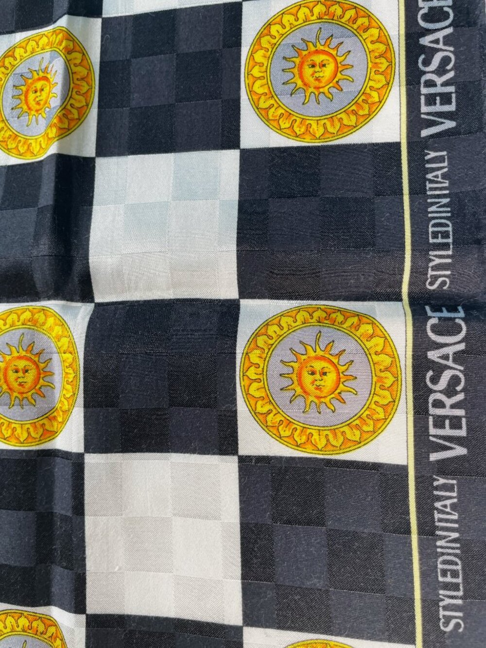 Versace Vintage Checkerboard Sun Print Scarf Black White Gold - Picture 8 of 13